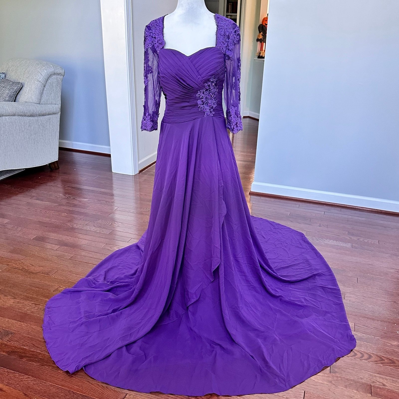 Custom Handmade Quarter Sleece Sweetheart Embellished Purple Lace Gown Dress